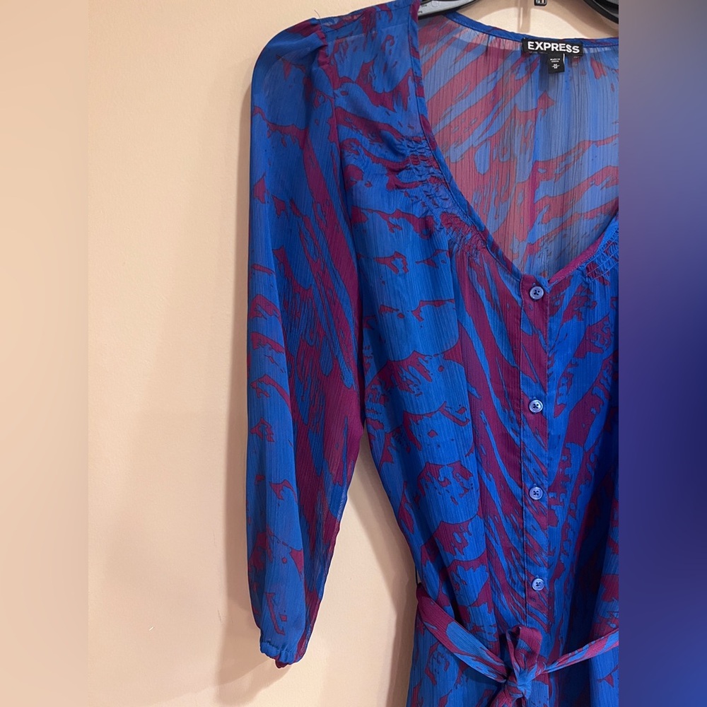 Express Vibrant Sheer 3/4 Sleeve Blue & Purple Zebra Print Shirt Dress Whimsy M - Picture 5 of 11